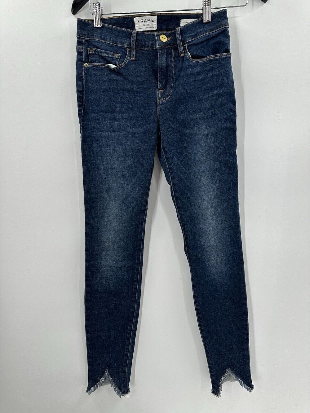 Frame Jean26 Blue Denim Le Skinny De Jeanne Raw Hem Dark Wash Stretch Womens